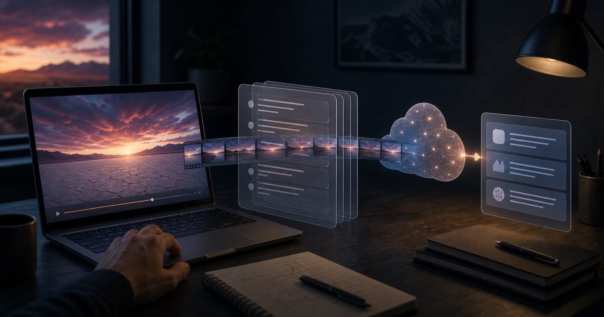 A developer routes a desert sunset video through transcript layers to a cloud model and receives a structured response